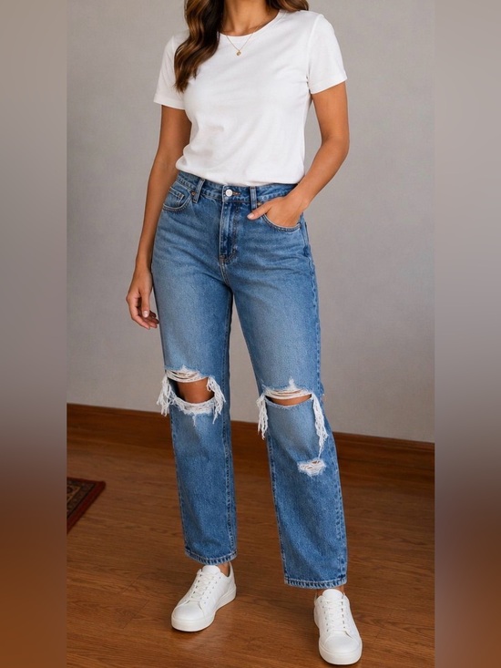 American Eagle Outfitters Denim - American Eagle Outfitters Medium Blue Distressed Straight Leg Mom Jeans